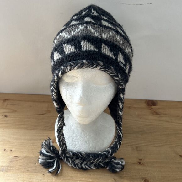 Everest Designs Ear Flap Hat Charcoal/Brown Wool Fleece-Lined Beanie Hat Nepal - Picture 1 of 10